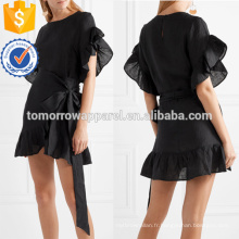 Lâche Fit Manches Courtes Noir Volants Lin Mini Robe D&#39;été Fabrication En Gros Mode Femmes Vêtements (TA0258D)